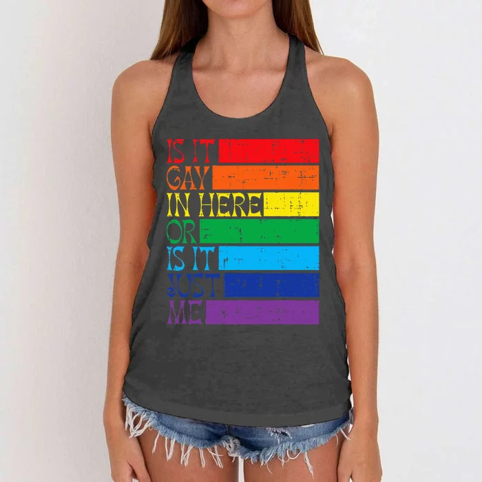 Is It Gay In Here Rainbow Pride Flag Lgbtq Women's Knotted Racerback Tank