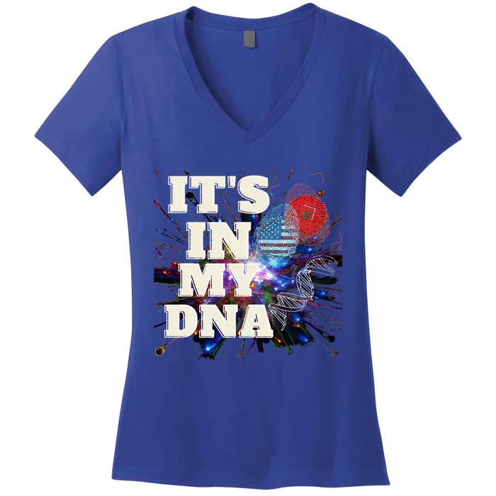 ITS IN MY DNA Moroccan American Flag England Women's V-Neck T-Shirt