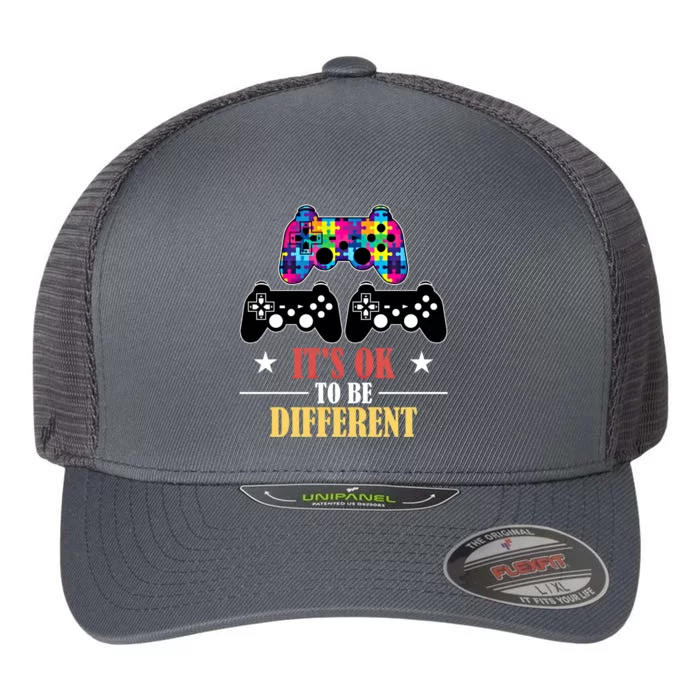 It Is Ok To Be A Different Video Game Autism Awareness Funny Gift Flexfit Unipanel Trucker Cap