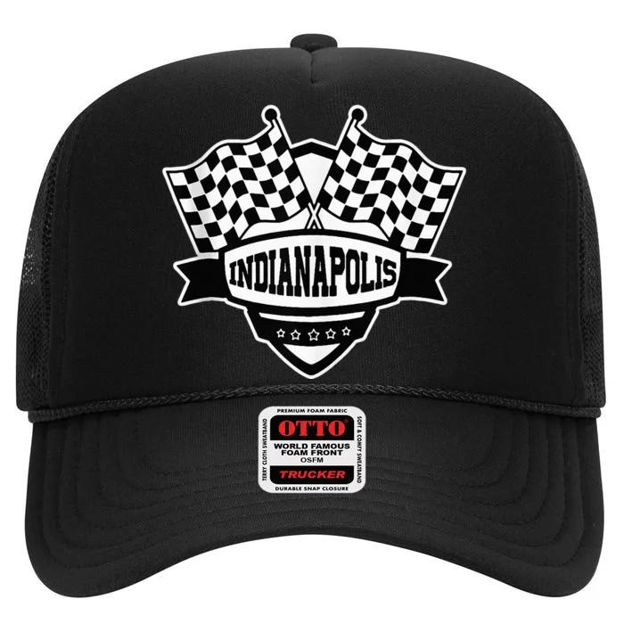 Indianapolis Indiana Racing Checkered Flag High Crown Mesh Trucker Hat