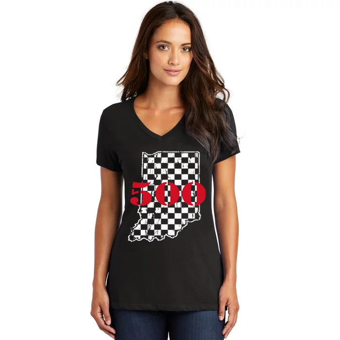 Indianapolis Indiana State 500 Race Car Distressed flag Women's V-Neck T-Shirt