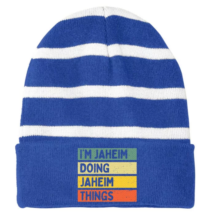 I'm Jaheim Doing Jaheim Things Funny Personalized Quote Striped Beanie with Solid Band