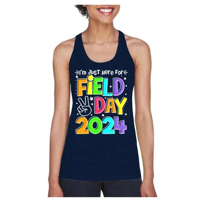 IM Just Here For Field Day Orange Yellow Red Blue Teacher Women's Racerback Tank