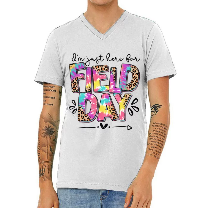 I'm Just Here For Field Day Leopard Tie Dye Last Day School V-Neck T-Shirt