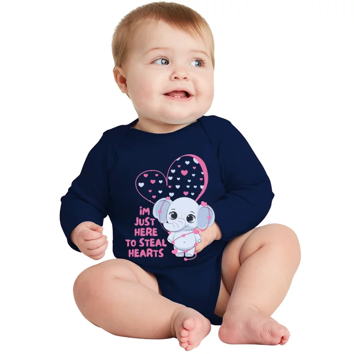 I'm Just Here To Steal Hearts Cute Elephant Valentine's Day Gift Baby Long Sleeve Bodysuit