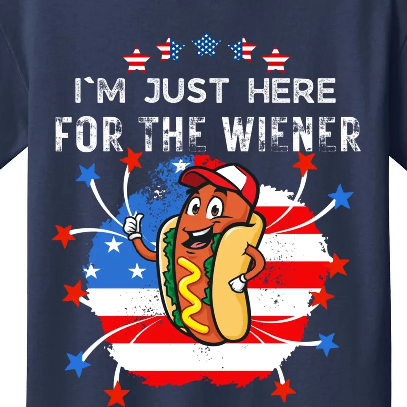 Im Just Here For The Wieners Hot Dog 4th Of July USA Flag Kids T-Shirt