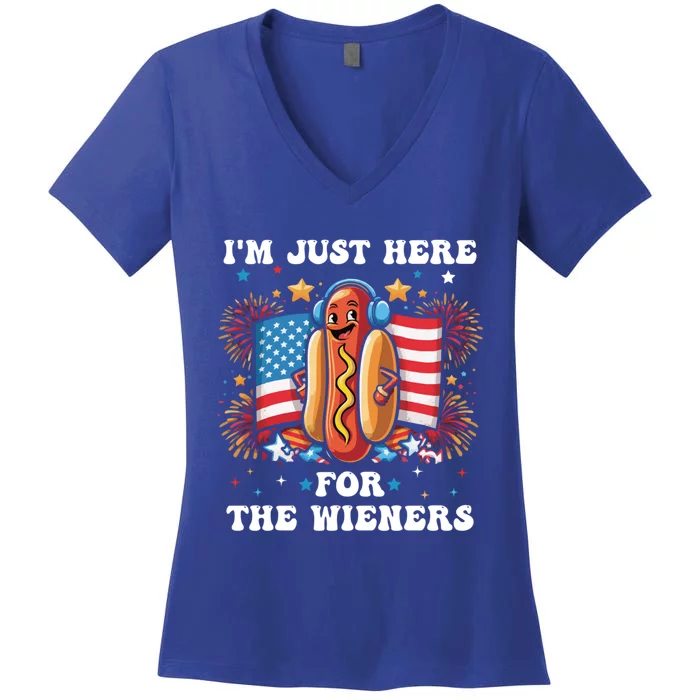 IM Just Here For The Wieners Funny 4th Of July Hot Dog Gift Women's V-Neck T-Shirt