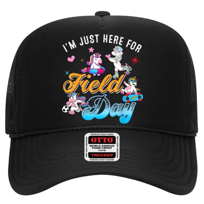 Im Just Here For Field Day Magical Unicorn Playing Sport High Crown Mesh Trucker Hat