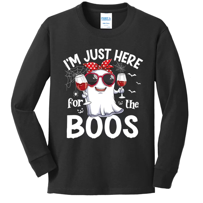 Im Just Here For The Boos Funny Halloween Ghost Wine Kids Long Sleeve Shirt