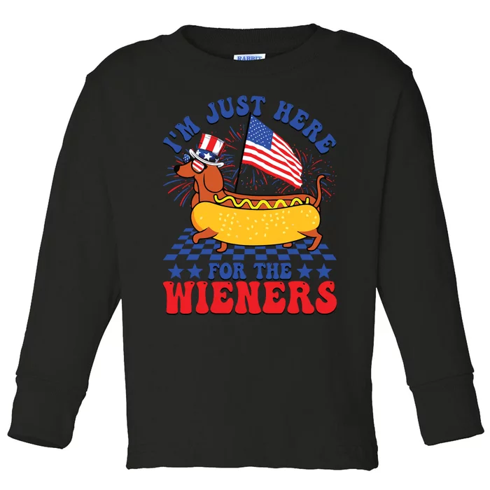 Im Just Here For Wieners Dachshund Dog Hotdog 4th Of July Toddler Long Sleeve Shirt