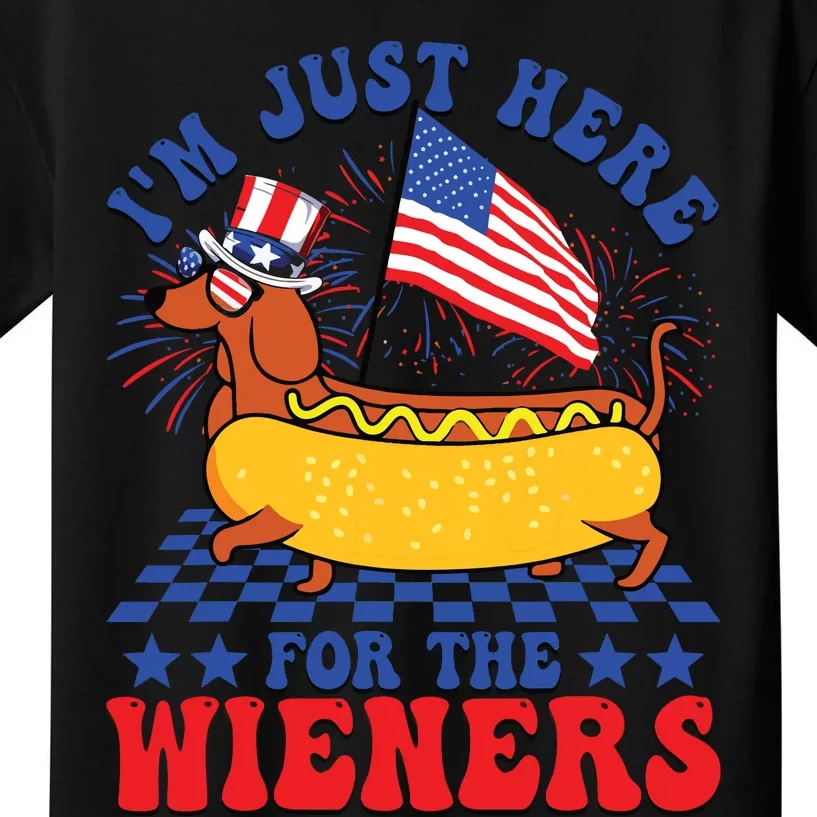 Im Just Here For Wieners Dachshund Dog Hotdog 4th Of July Kids T-Shirt