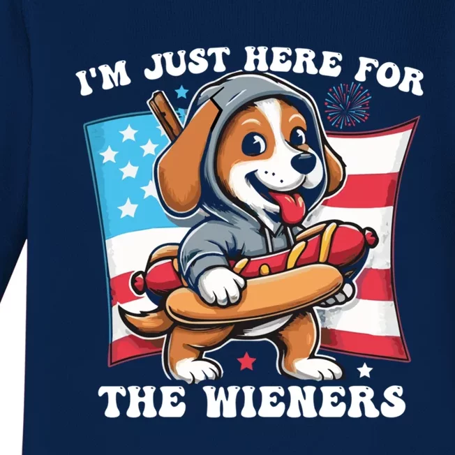 IM Just Here For The Wieners Funny 4th Of July Hot Dog Gift Baby Long Sleeve Bodysuit