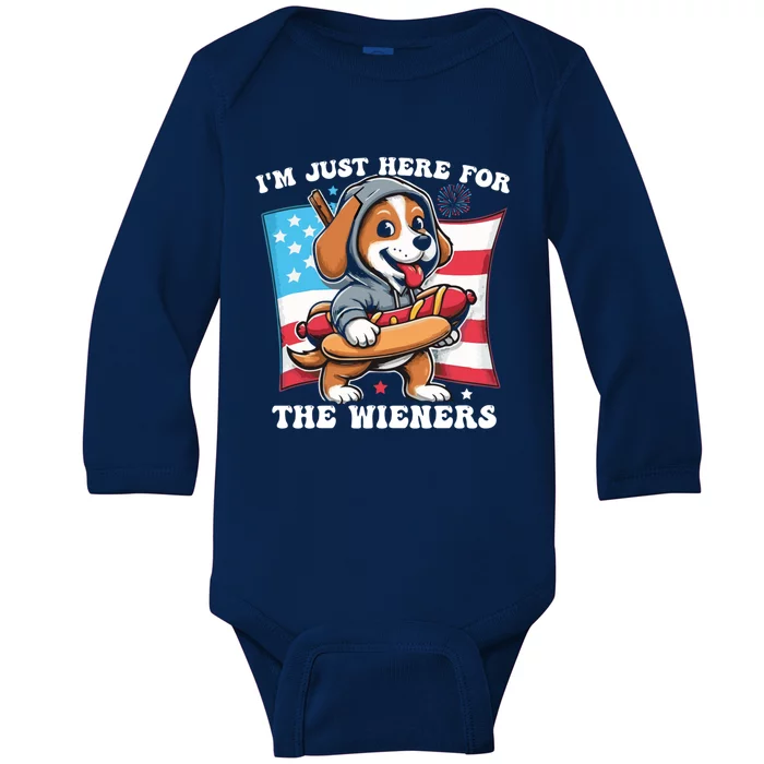 IM Just Here For The Wieners Funny 4th Of July Hot Dog Gift Baby Long Sleeve Bodysuit