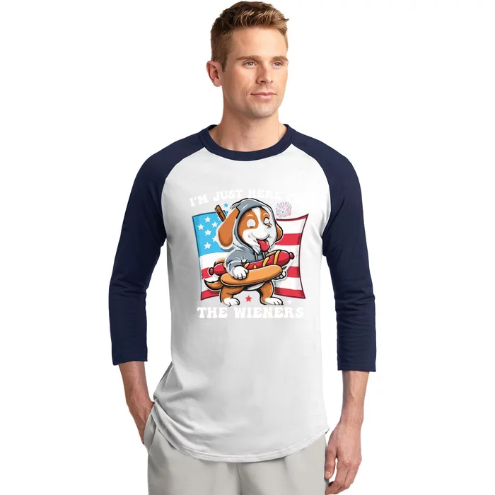 IM Just Here For The Wieners Funny 4th Of July Hot Dog Gift Baseball Sleeve Shirt