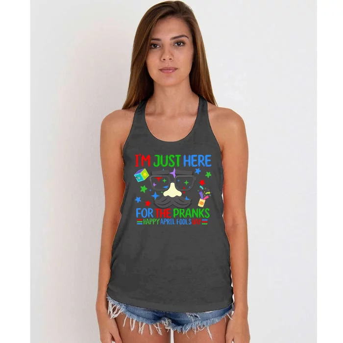 I'm Just Here for the April Fools Day Pranks Funny Prankster Women's Knotted Racerback Tank