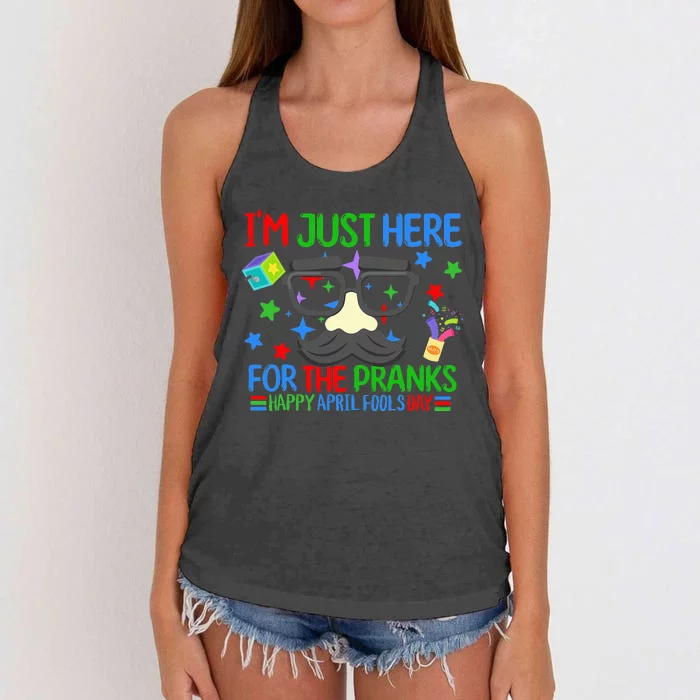 I'm Just Here for the April Fools Day Pranks Funny Prankster Women's Knotted Racerback Tank