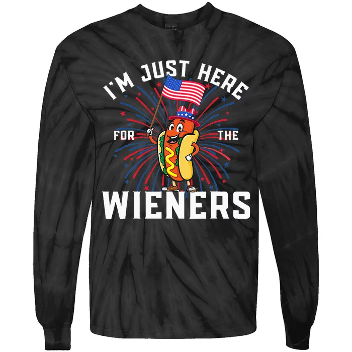 I'm Just Here For The Wieners 4Th Of July Patriotic Hot Dog Tie-Dye Long Sleeve Shirt