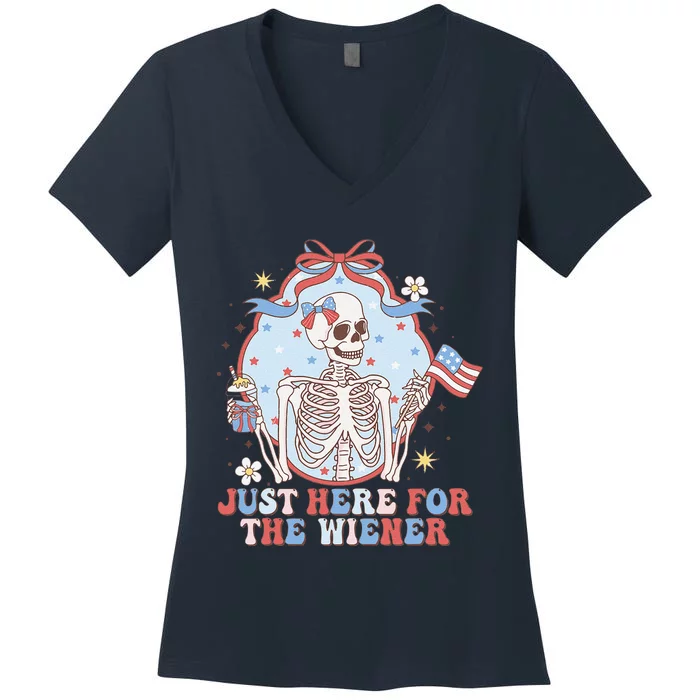 IM Just Here For The Wieners Funny Skeleton 4th Of July Women's V-Neck T-Shirt