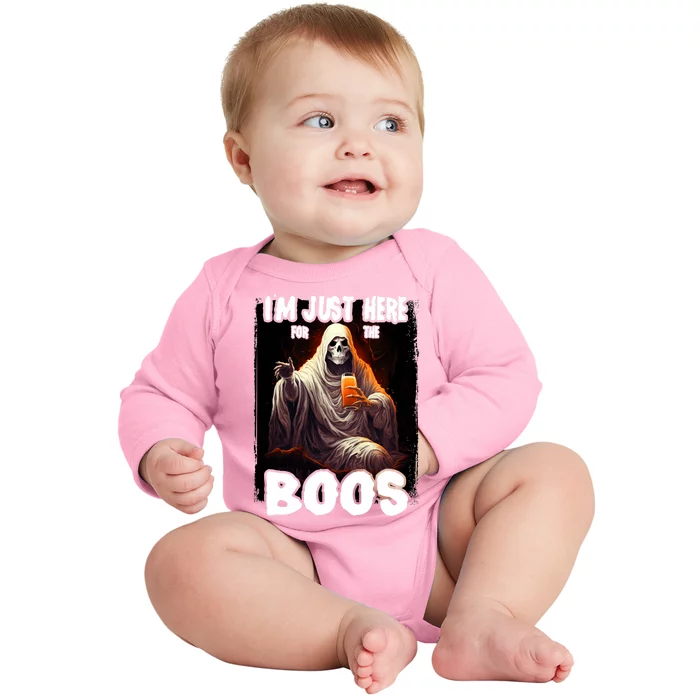 Im Just Here For The Boos Ghost Funny Halloween Baby Long Sleeve Bodysuit