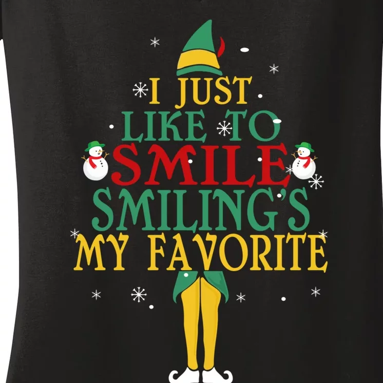 I Just Like To Smile Smilings My Favorite Christmas Elf Women's V-Neck T-Shirt