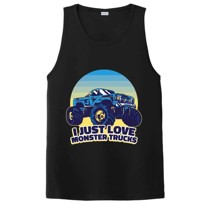 I Just Love Monster Trucks Retro Sunset Performance Tank