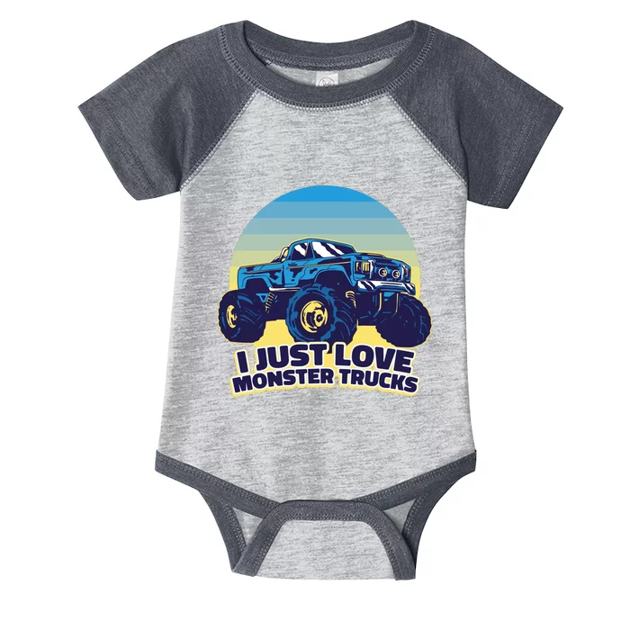 I Just Love Monster Trucks Retro Sunset Infant Baby Jersey Bodysuit