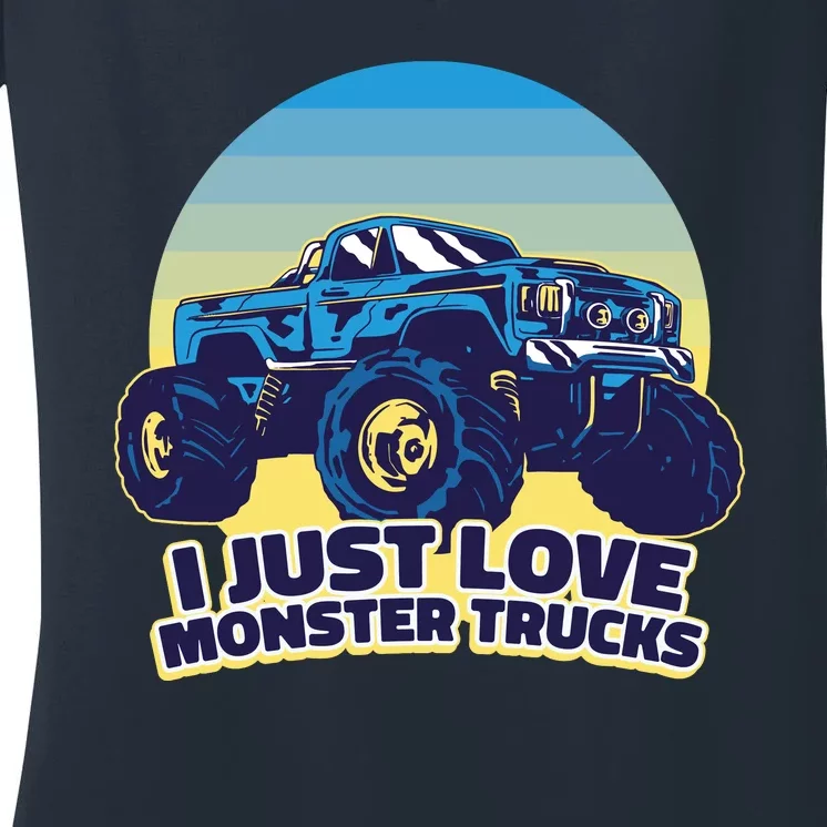 I Just Love Monster Trucks Retro Sunset Women's V-Neck T-Shirt