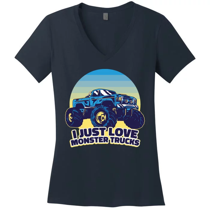 I Just Love Monster Trucks Retro Sunset Women's V-Neck T-Shirt