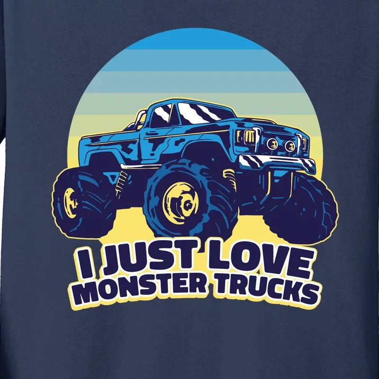 I Just Love Monster Trucks Retro Sunset Kids Long Sleeve Shirt