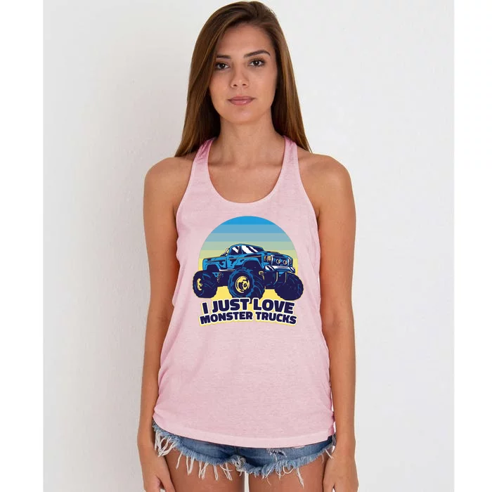 I Just Love Monster Trucks Retro Sunset Women's Knotted Racerback Tank