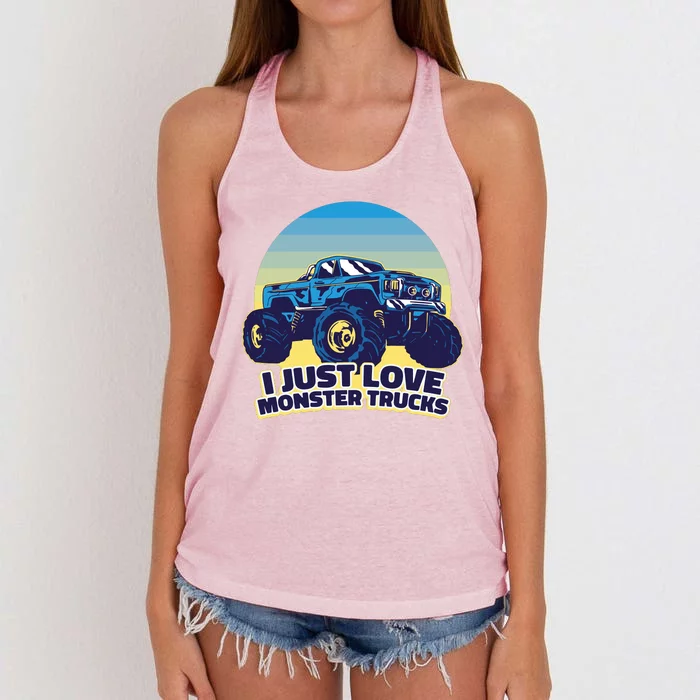 I Just Love Monster Trucks Retro Sunset Women's Knotted Racerback Tank