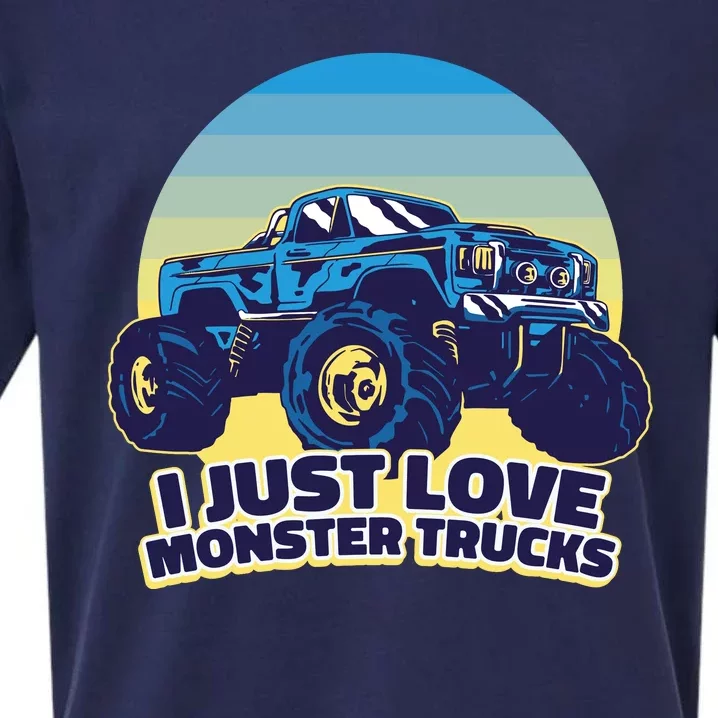 I Just Love Monster Trucks Retro Sunset Sueded Cloud Jersey T-Shirt