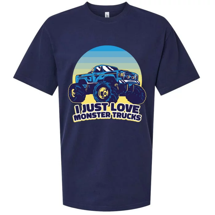 I Just Love Monster Trucks Retro Sunset Sueded Cloud Jersey T-Shirt