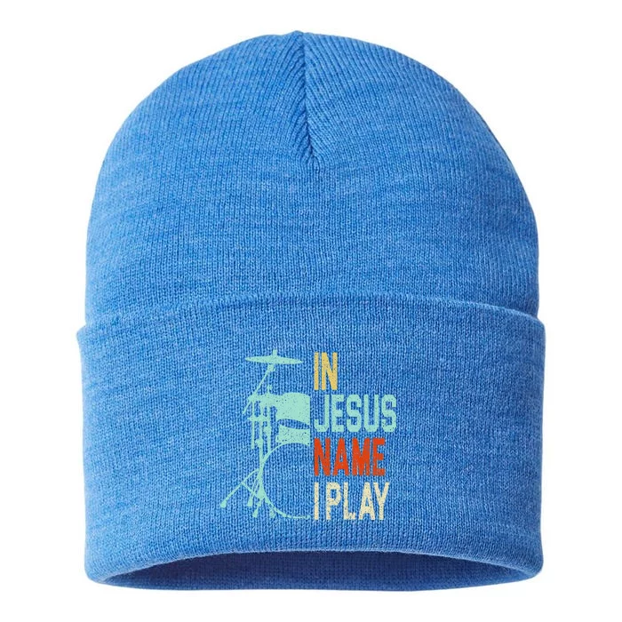 In Jesus Name I Play Music Drummer Sustainable Knit Beanie