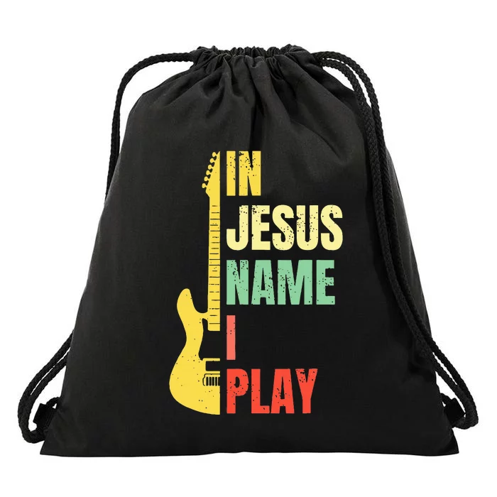 In Jesus Name I Play Guitar Christian Bass Musician Vintage Drawstring Bag