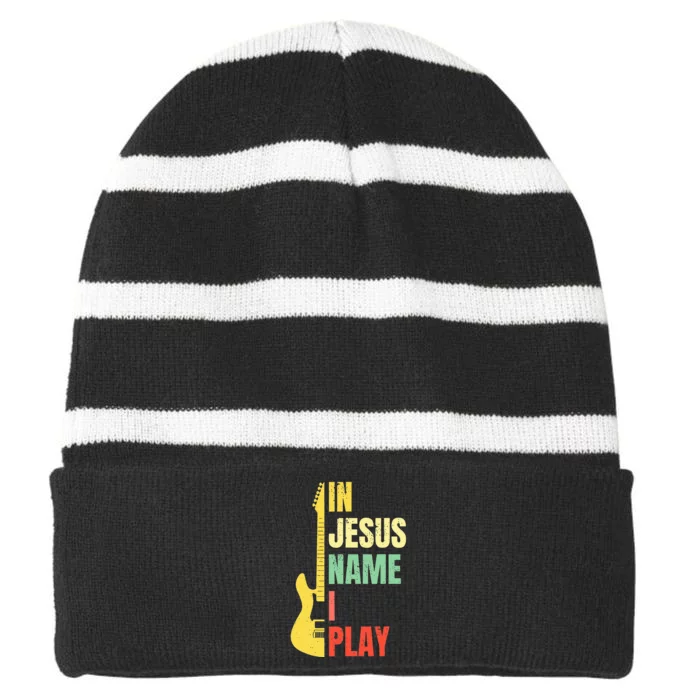 In Jesus Name I Play Guitar Christian Bass Musician Vintage Striped Beanie with Solid Band