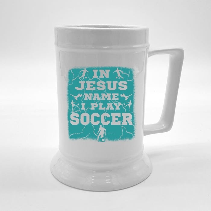 In Jesus Name I Play Soccer Christian Gift Front & Back Beer Stein