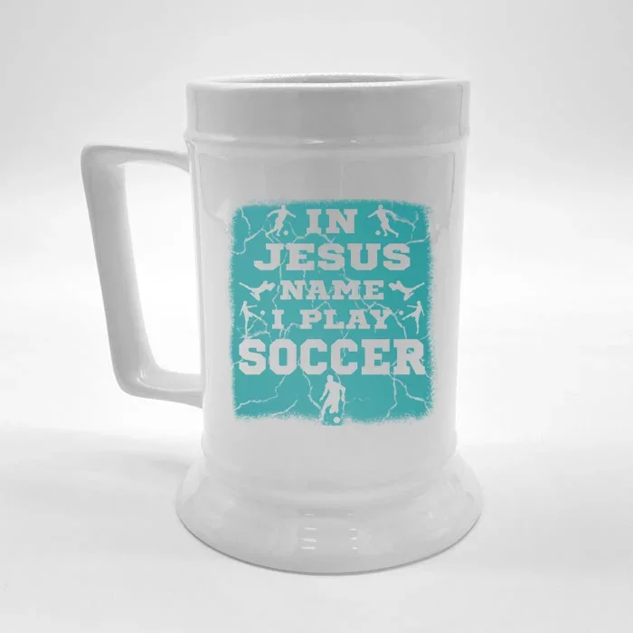 In Jesus Name I Play Soccer Christian Gift Front & Back Beer Stein