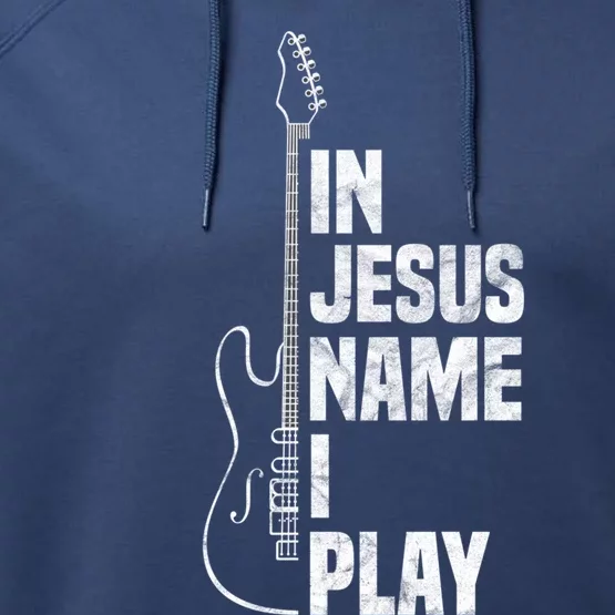 In Jesus Name I Play Guitar Christian Guitar Player Performance Fleece Hoodie