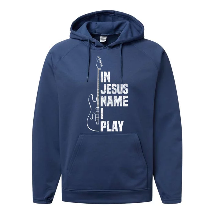 In Jesus Name I Play Guitar Christian Guitar Player Performance Fleece Hoodie