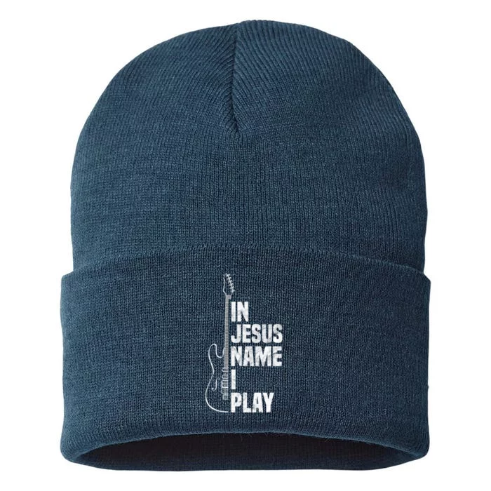 In Jesus Name I Play Guitar Christian Guitar Player Sustainable Knit Beanie