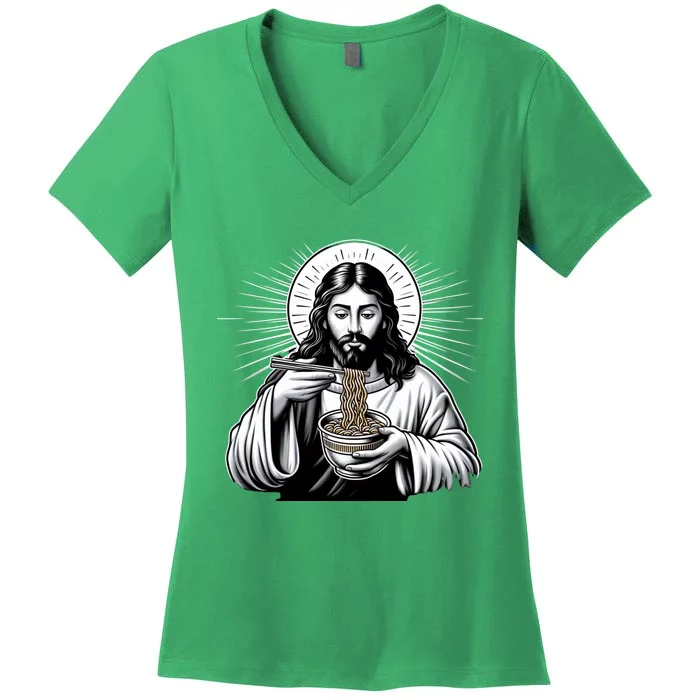 In Jesus Name Ramen Funny Japanese Food Christian Women's V-Neck T-Shirt