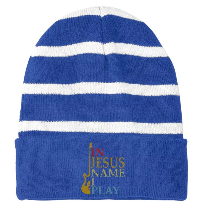 In Jesus Name I Play Guitar Striped Beanie with Solid Band