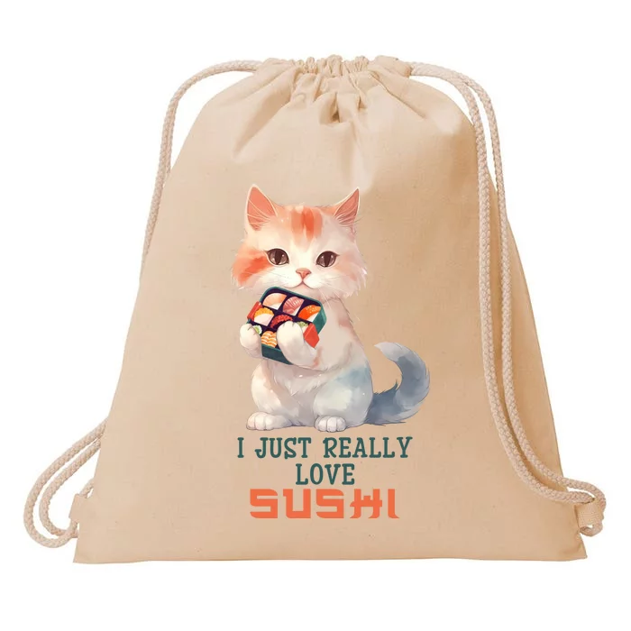 I Just Really Love Sushi Cute Japanese Cat Drawstring Bag