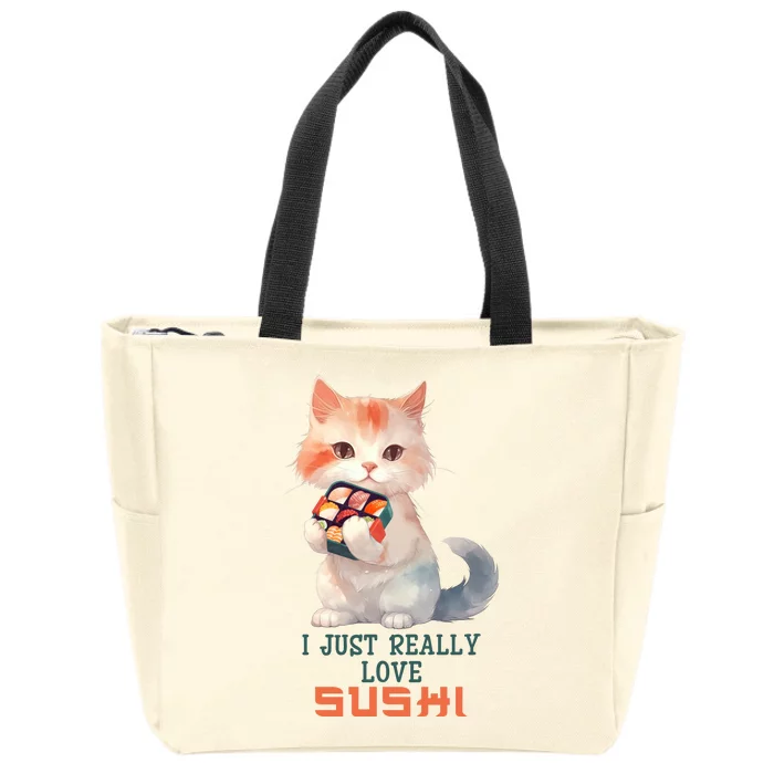 I Just Really Love Sushi Cute Japanese Cat Zip Tote Bag