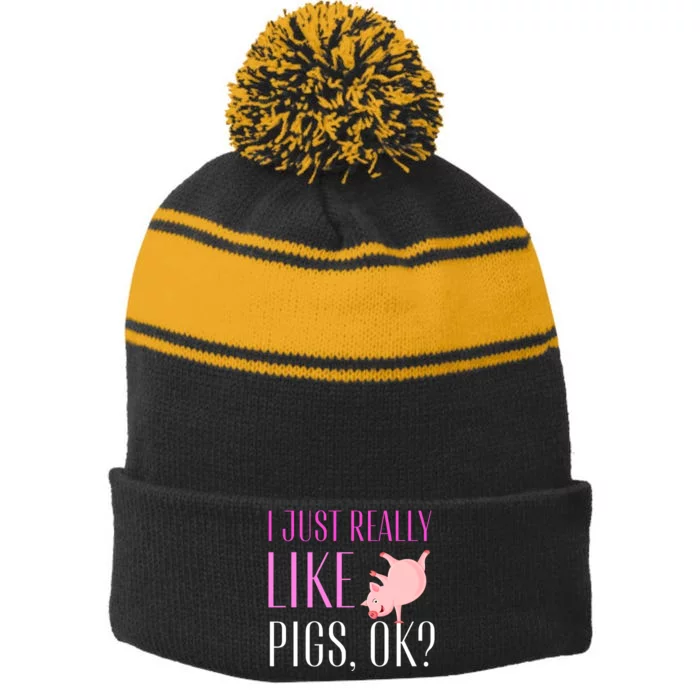 I Just Really Like Pigs Ok? Cute Pink Pigs Stripe Pom Pom Beanie