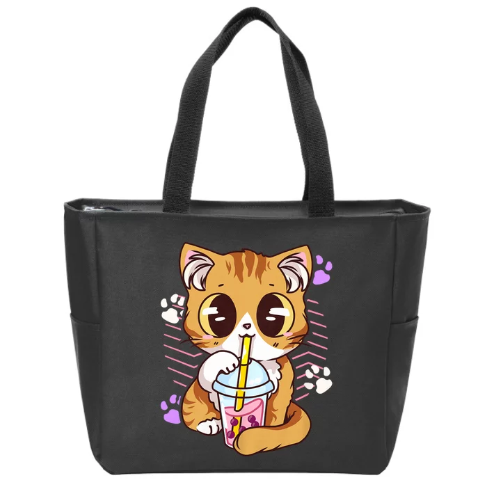 I Just Really Love Anime Cute Kawaii Cat Boba Bubble Milk Tea Anime Neko Kitten Zip Tote Bag