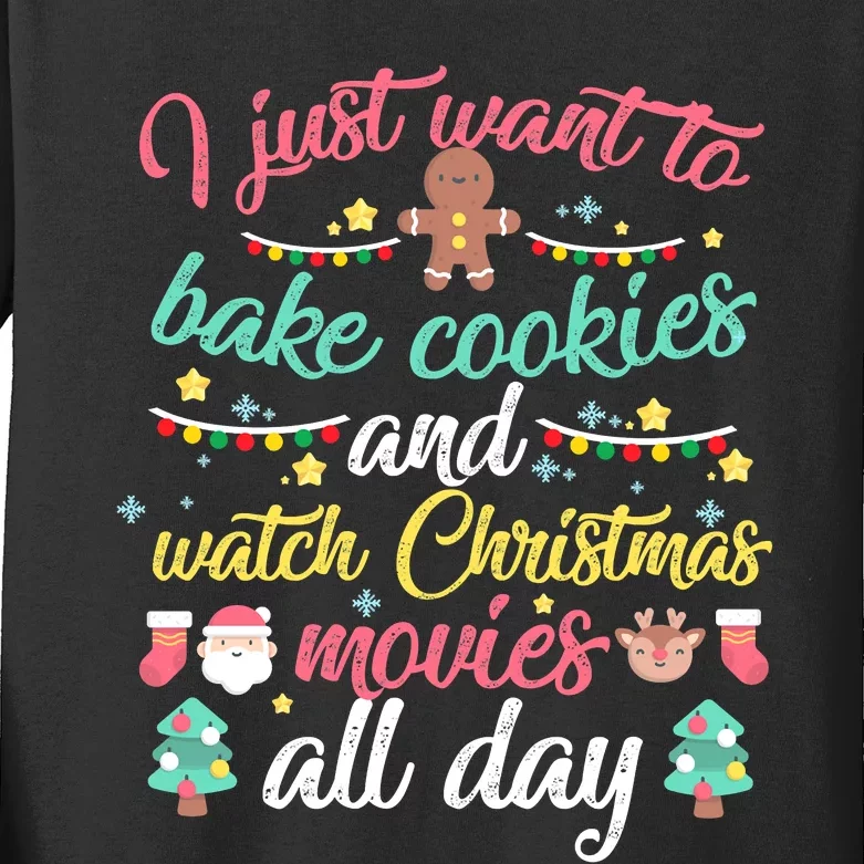 I Just Want to Bake Cookies Drink Hot Cocoa Watch Christmas Kids Long Sleeve Shirt