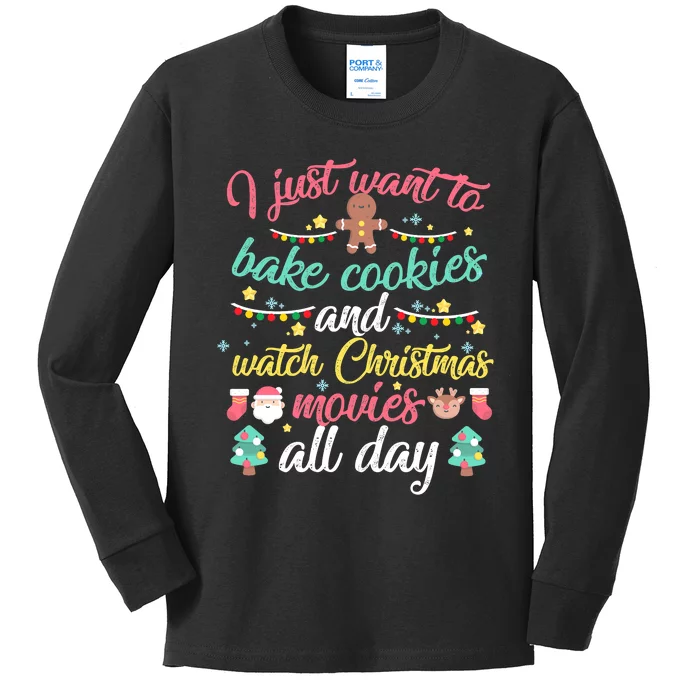 I Just Want to Bake Cookies Drink Hot Cocoa Watch Christmas Kids Long Sleeve Shirt