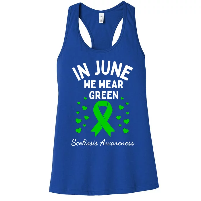 In June We Wear Green Ribbon Heart Scoliosis Awareness Gift Women's Racerback Tank